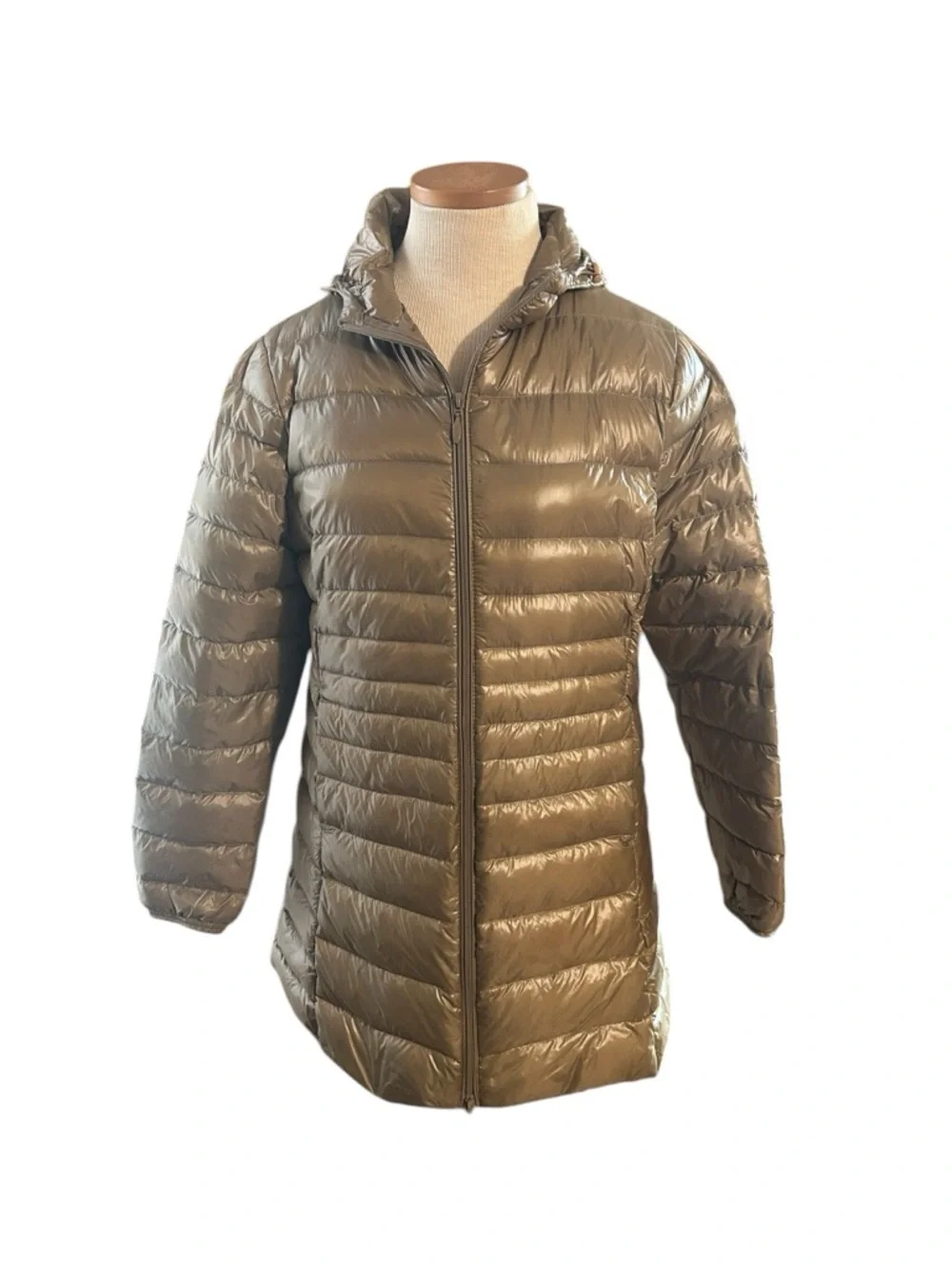 Metallic Bronze Down Puffer Jacket Hooded Lightweight Coat Fits XL/L